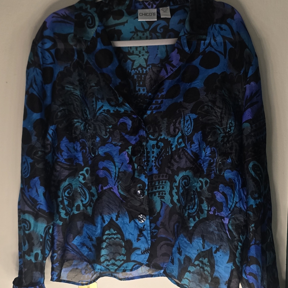 Silk Sheer Blue and Black Blouse